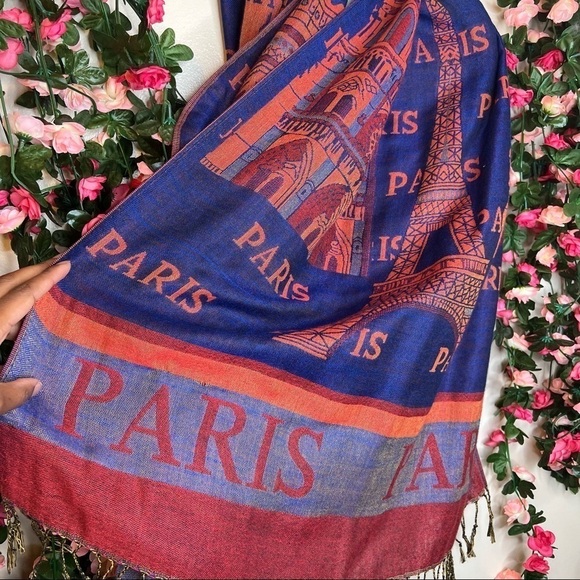 🌹Paris Blue Orange Scene France Pattern Scarf Womens Viscose - Picture 6 of 6